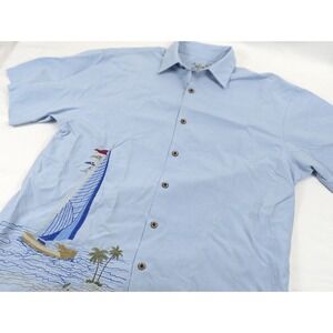 Bamboo Cay Embroidered Sail Boat Shirt Blue Mens Small Modal Polyester Vacation